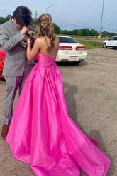 Long Fuchsia Formal Dress Strapless Satin With Pockets